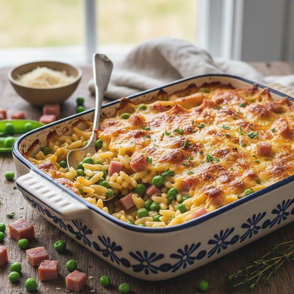 Cheesy Ham and Pea Orzo Bake recipe
