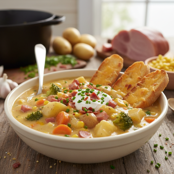 Cheesy Ham and Veggie Potato Chowder recipe