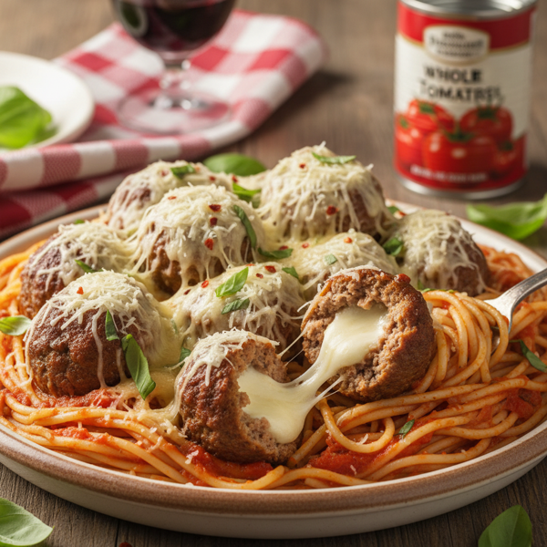 Cheesy Italian Meatball Surprise with Spaghetti recipe