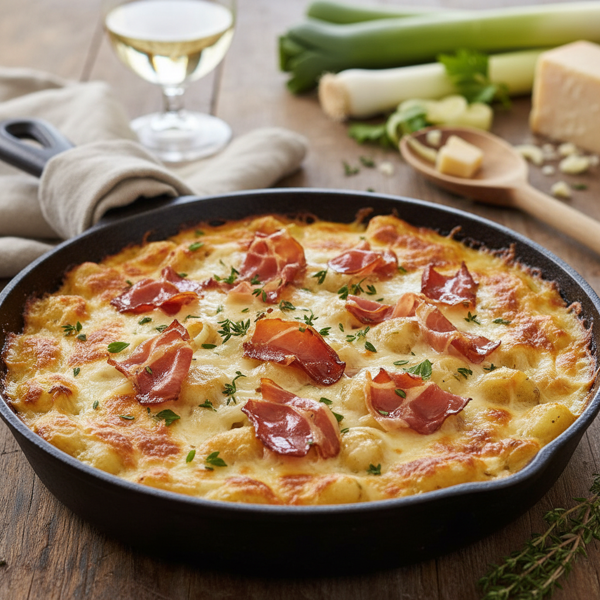 Cheesy Leek and Gnocchi Bake with Crispy Prosciutto Delight recipe