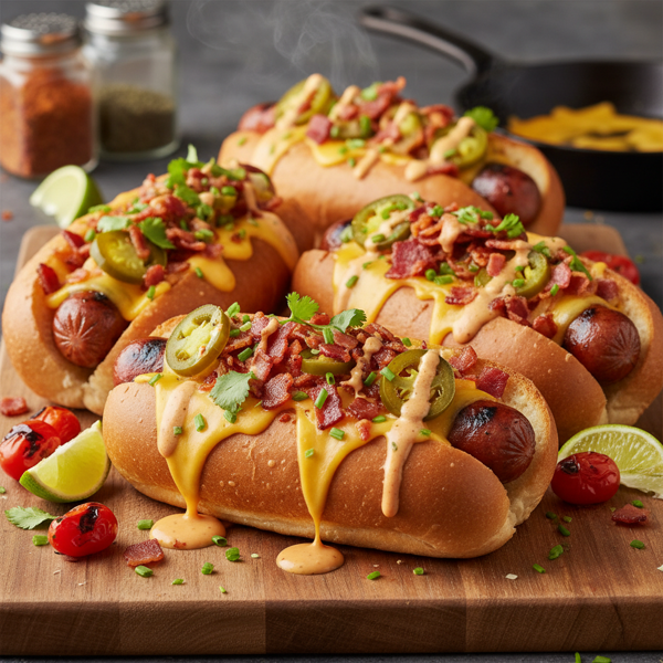 Cheesy Loaded Open-Face Hot Dogs recipe