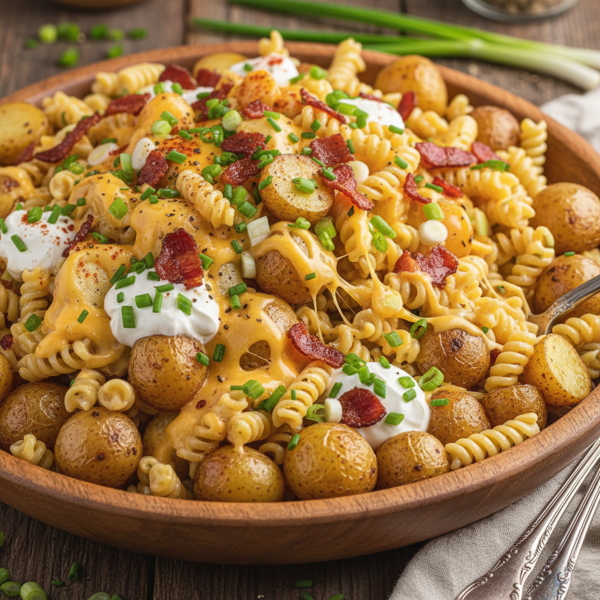 Cheesy Loaded Potato & Pasta Salad Delight recipe
