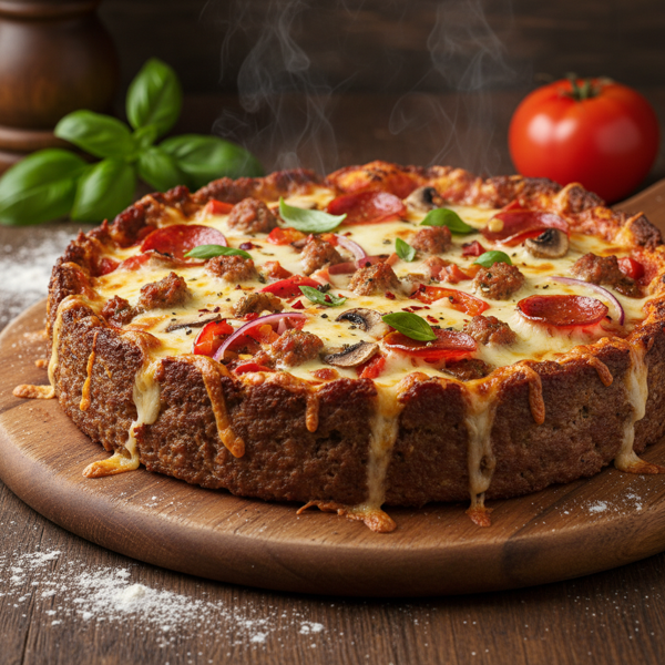 Cheesy Meat Crust Pizza Delight recipe