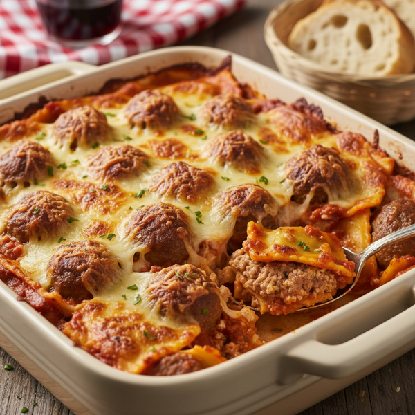 Cheesy Meatball Ravioli Bake recipe