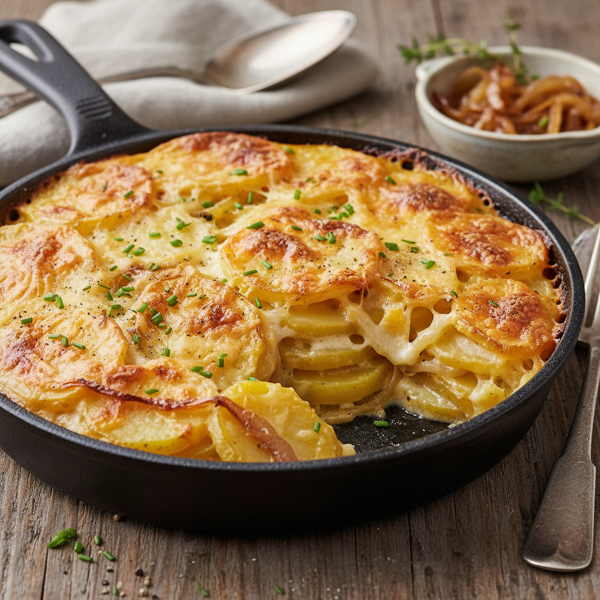 Cheesy Northumberland Potato Bake with Caramelized Onions recipe