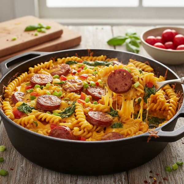 Cheesy One-Pot Andouille Sausage Pasta Delight recipe