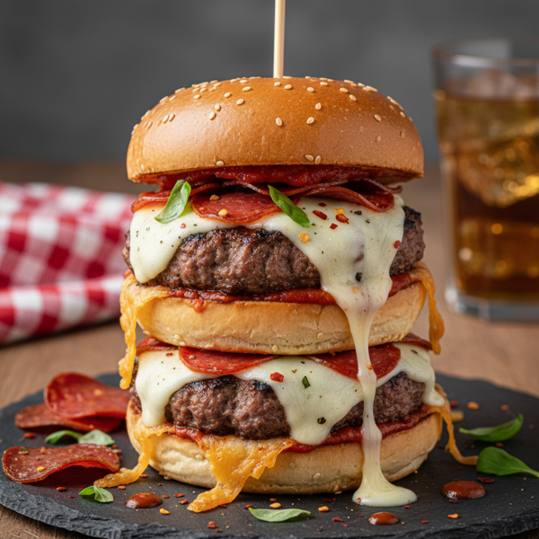 Cheesy Pepperoni Pizza Burgers recipe