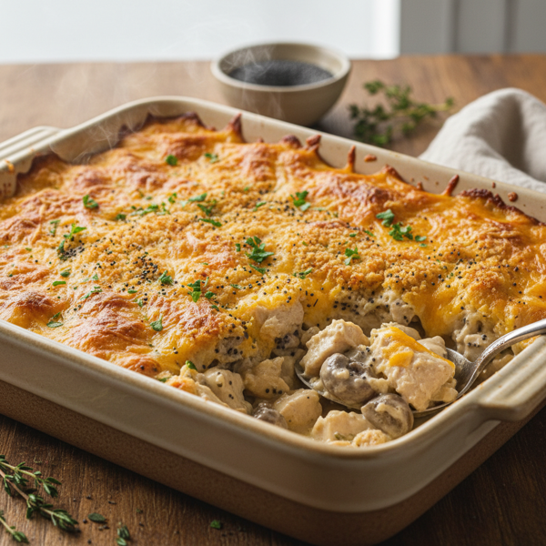 Cheesy Poppy Seed Chicken and Mushroom Bake recipe