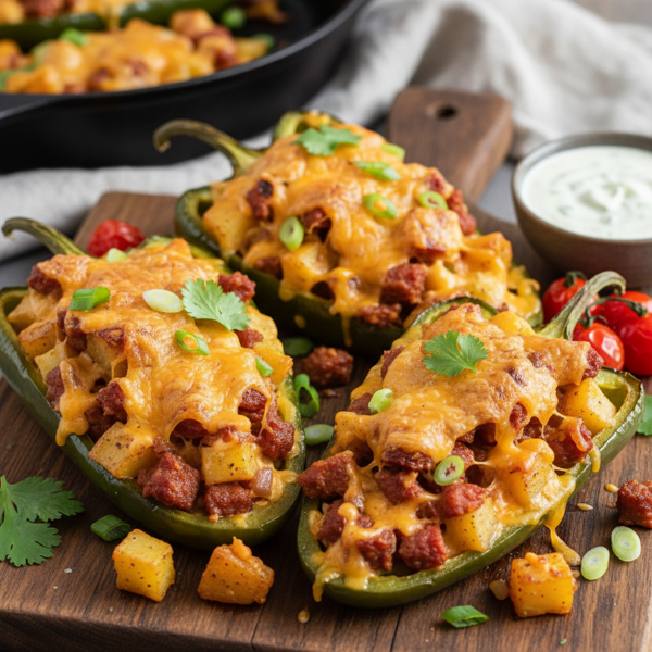 Cheesy Potato & Chorizo Stuffed Poblano Peppers recipe