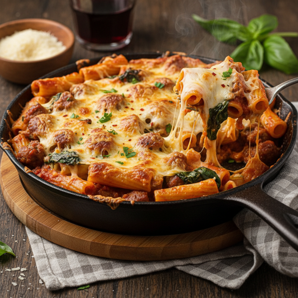 Cheesy Sausage Rigatoni Bake with Spinach recipe