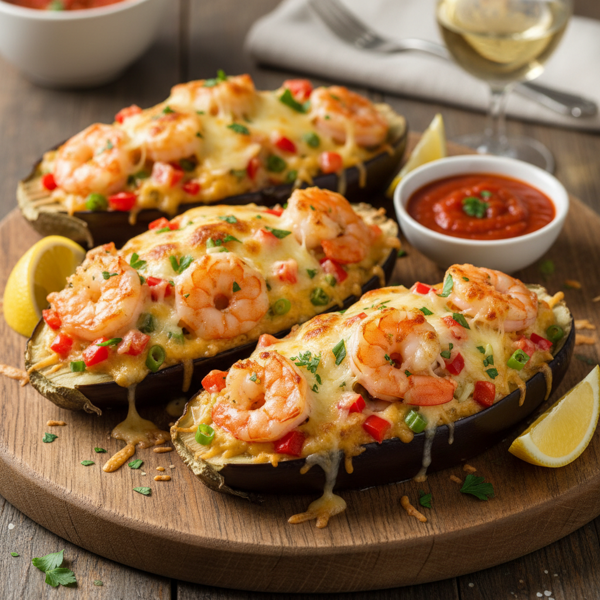 Cheesy Shrimp-Stuffed Eggplant Boats recipe