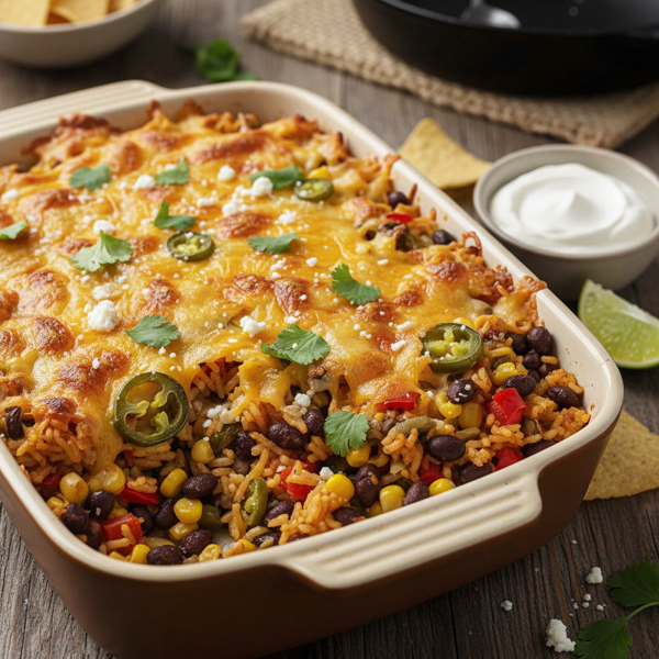 Cheesy Southwestern Rice Bake with Black Beans and Corn recipe