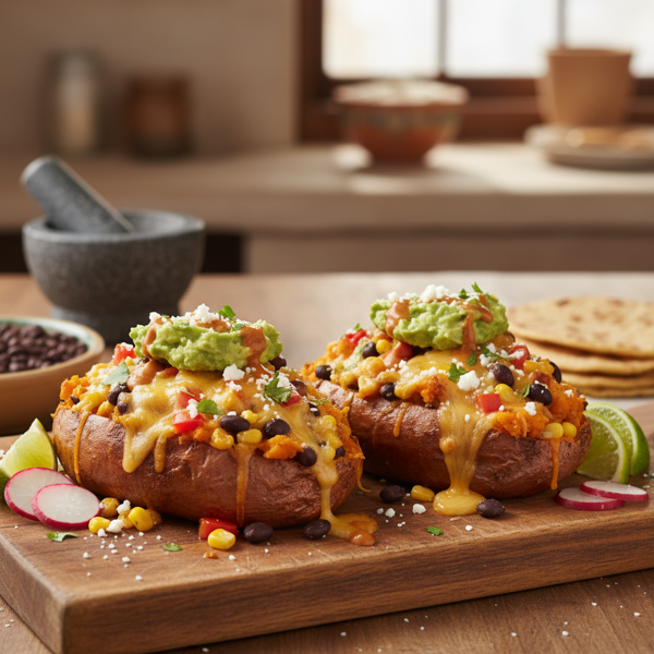 Cheesy Southwestern Twice-Baked Sweet Potatoes with Avocado and Black Beans recipe