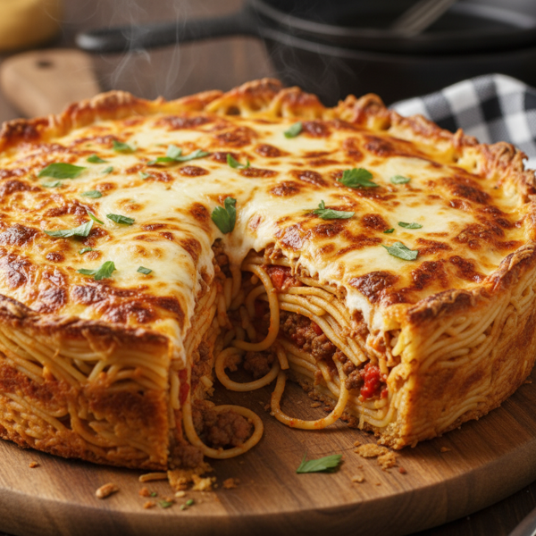 Cheesy Spaghetti Bake Pie recipe