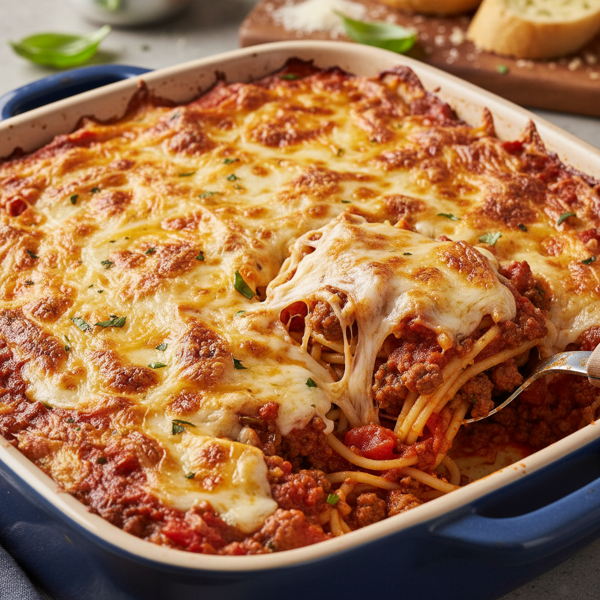 Cheesy Spaghetti Bake with Ground Beef recipe