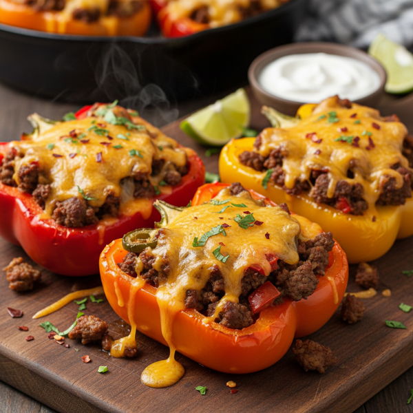 Cheesy Spicy Ground Beef Stuffed Bell Peppers recipe