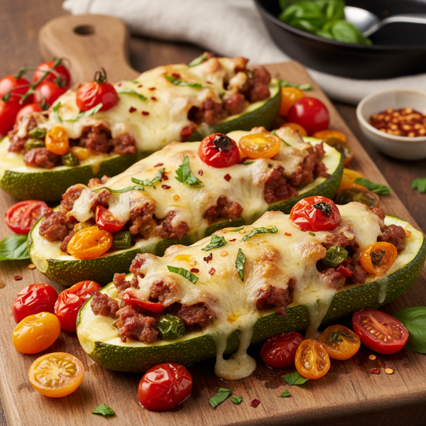 Cheesy Spicy Zucchini Boats with Tomato Medley recipe