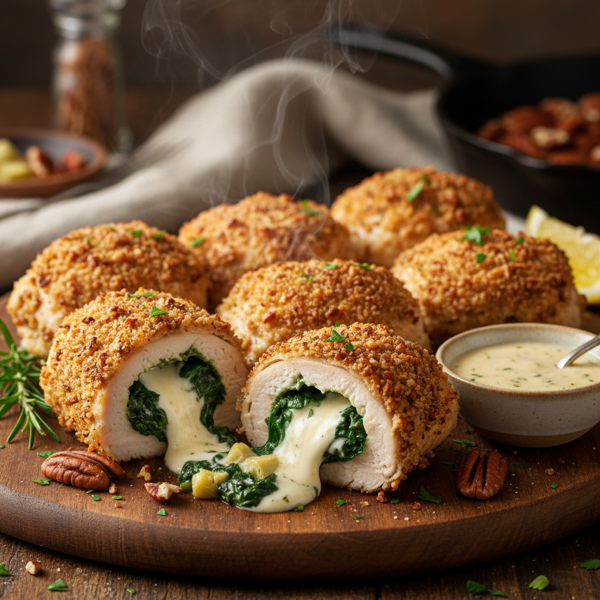 Cheesy Spinach-Artichoke Pecan-Crusted Chicken Rolls recipe