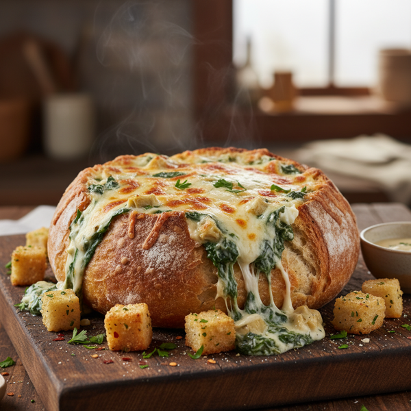 Cheesy Spinach Artichoke Bread Bowl recipe