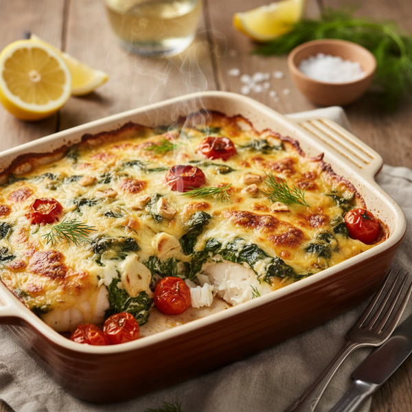 Cheesy Spinach Halibut Bake recipe