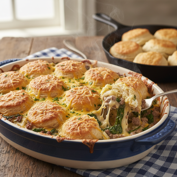 Cheesy Spinach and Beef Biscuit Casserole recipe