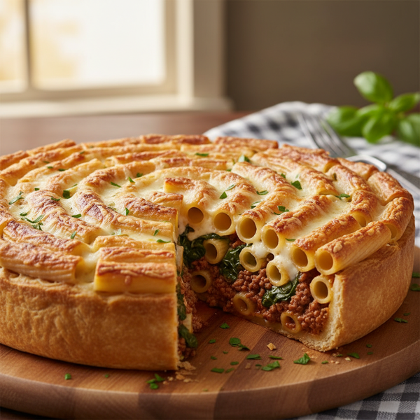 Cheesy Spinach and Beef Pasta Pie recipe