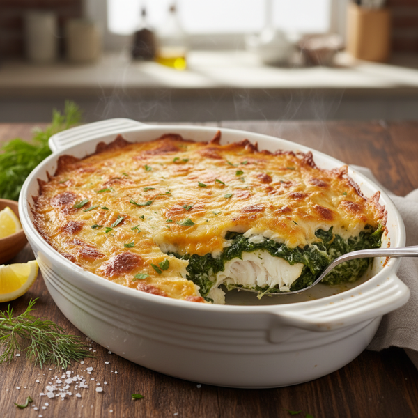 Cheesy Spinach and Flounder Casserole recipe