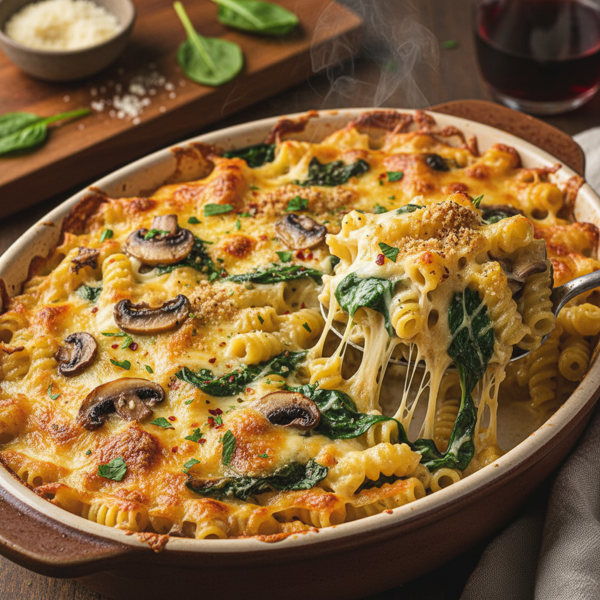 Cheesy Spinach and Mushroom Pasta Casserole recipe