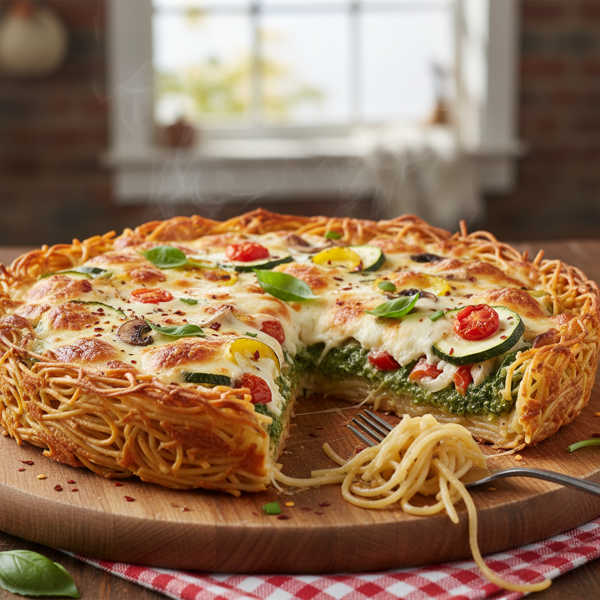 Cheesy Spinach and Veggie Spaghetti Pizza recipe