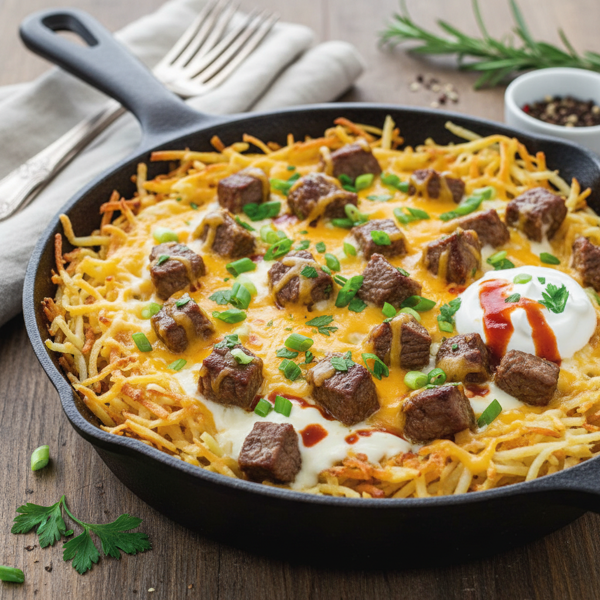 Cheesy Steak Hash Brown Skillet recipe