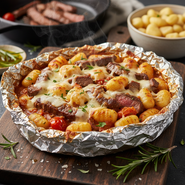 Cheesy Steak & Gnocchi Foil Bake recipe