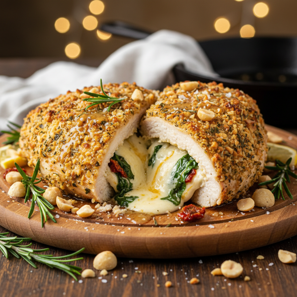 Cheesy Stuffed Chicken with Macadamia Crust recipe