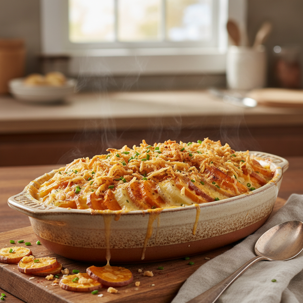 Cheesy Sweet & Russet Potato Bake with Crispy Onion Topping recipe