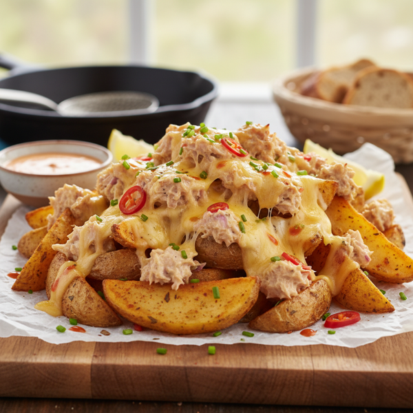 Cheesy Tuna Melt Loaded Potato Wedges recipe