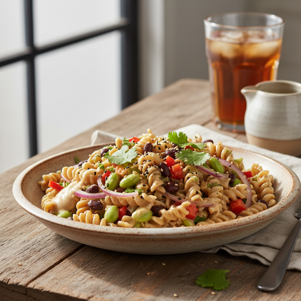 Chilled Edamame and Black Bean Pasta Salad with Creamy Tahini Dressing recipe