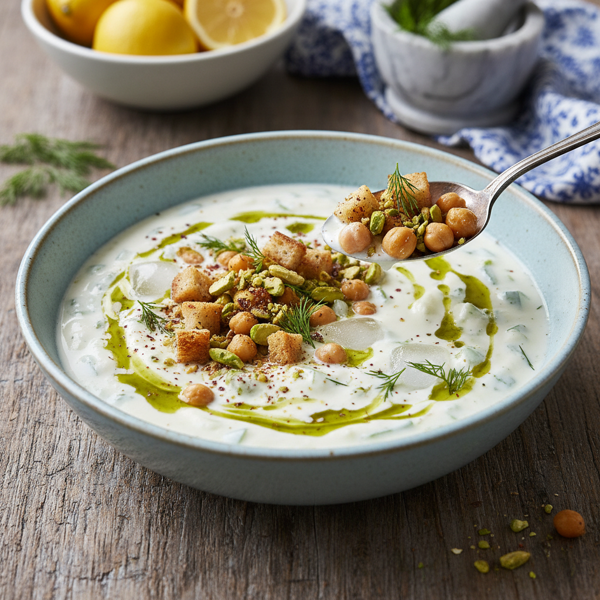 Chilled Mediterranean Yogurt Soup with Crunchy Toppings recipe