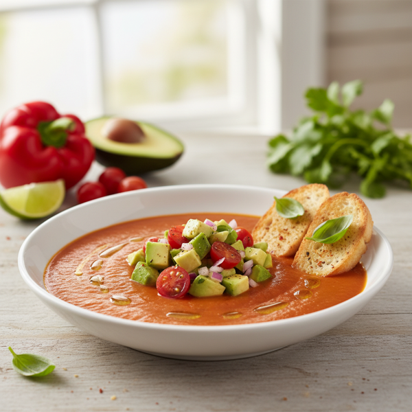 Chilled Roasted Pepper Bisque with Avocado Salsa recipe