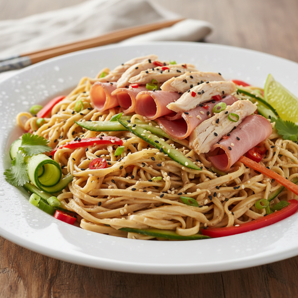 Chilled Sesame Noodle Salad with Ham and Chicken recipe
