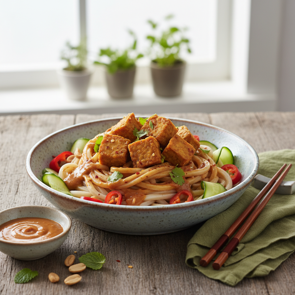 Chilled Udon Noodles with Crispy Tempeh and Spicy Peanut Sauce recipe