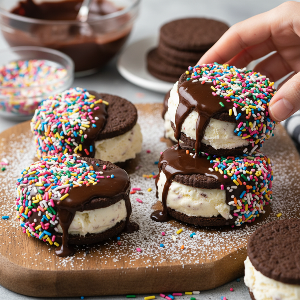 Chocolate-Dipped Sprinkled Ice Cream Sandwiches recipe
