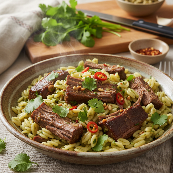 Cilantro-Infused Beef and Orzo Delight recipe