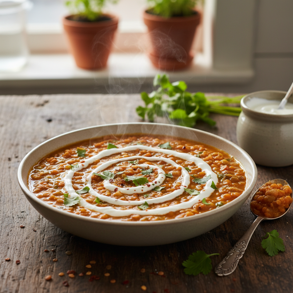 Cilantro Infused Red Lentil Stew with Creamy Yogurt Drizzle recipe
