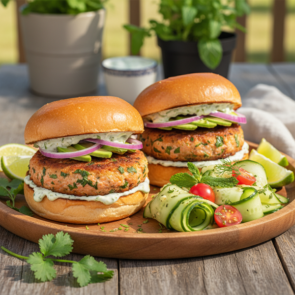Cilantro Lime Salmon Burgers with Cucumber Salad recipe