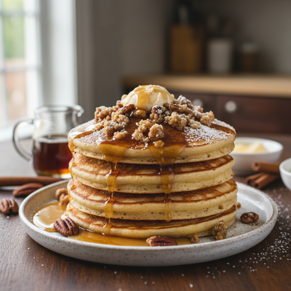 Cinnamon Maple Butter Pecan Pancakes with Crunchy Crumble Topping recipe