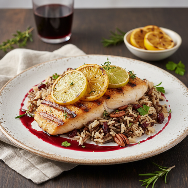 Citrus-Infused Grilled Mahi Mahi with Wild Rice and Velvety Red Wine Sauce recipe