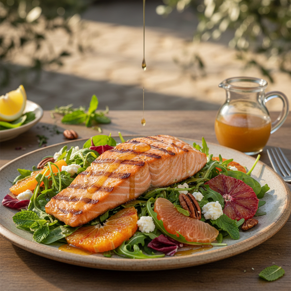 Citrus-Infused Grilled Salmon Salad with Honey Balsamic Vinaigrette recipe