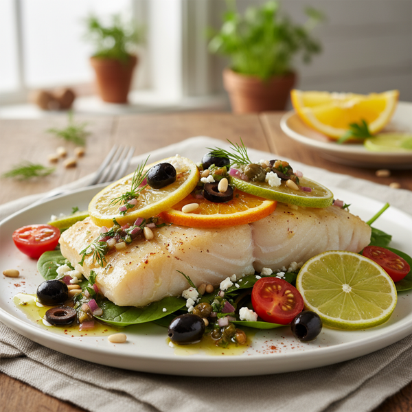 Citrus-Infused Poached Cod with Mediterranean Olive Vinaigrette recipe
