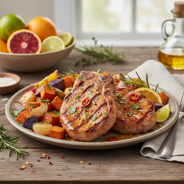 Citrus-Infused Spicy Pork Chops with Sweet Potato Medley recipe