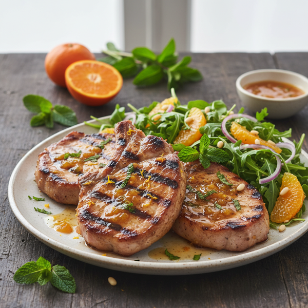 Citrus-Mint Infused Pork Chops with Arugula and Mandarin Salad recipe
