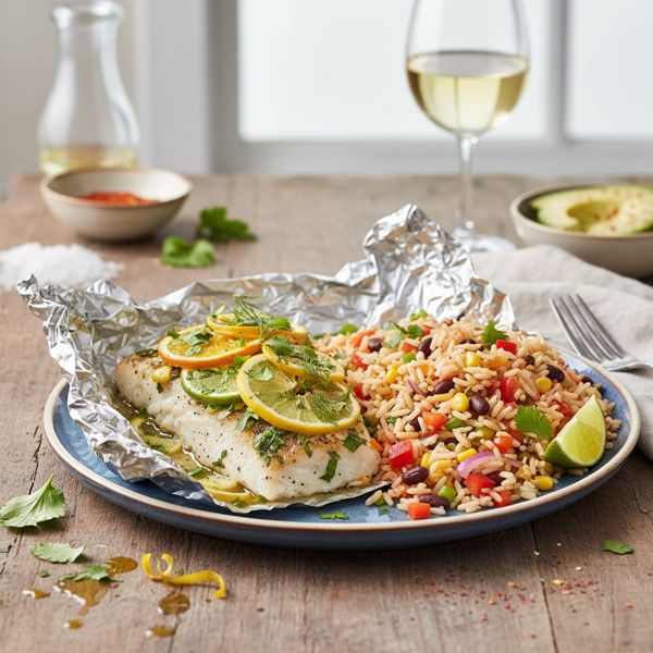 Citrus Herb Foil-Baked Tilapia with Colorful Fiesta Rice recipe